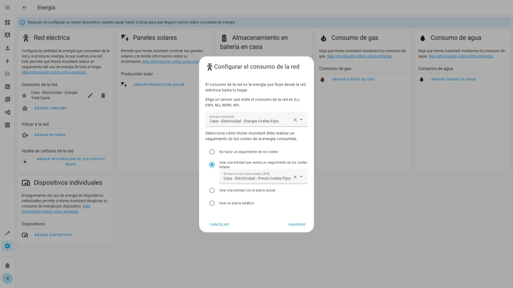 Panel de Energía ➡ Configuración ➡ Añadir Costes Fijos