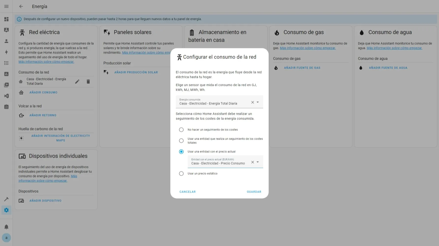 Panel de Energía ➡ Configuración ➡ Añadir Precio Consumo