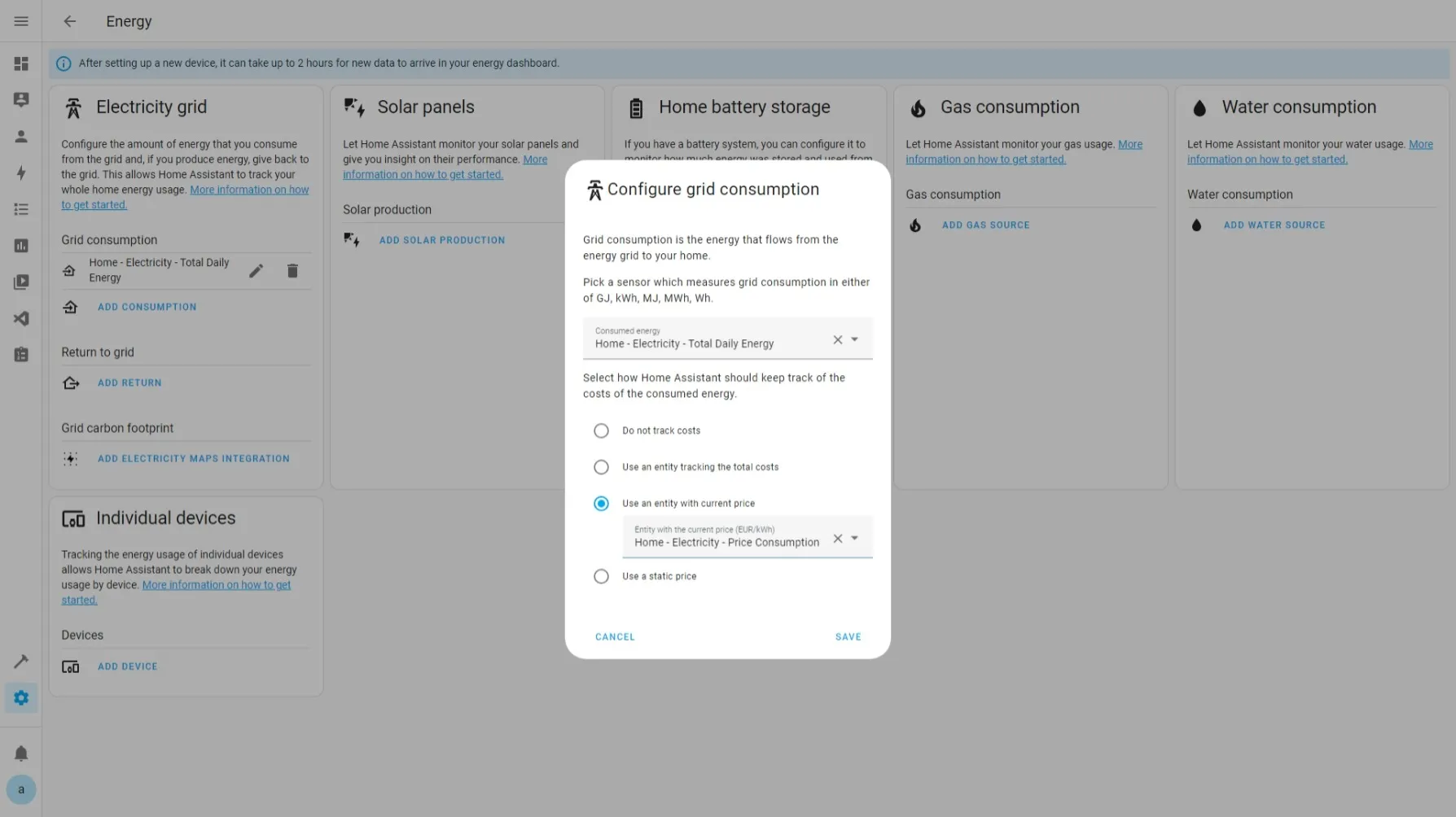 Energy Panel ➡ Configuration ➡ Add Consumption Price