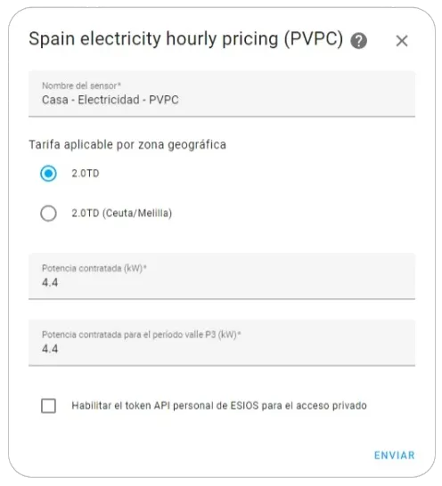 Integraciones - Añadir - PVPC