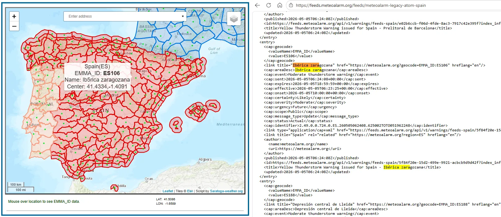 Mapa para localizar regiones MeteoAlarm vs. Feed ATOM de MeteoAlarm España