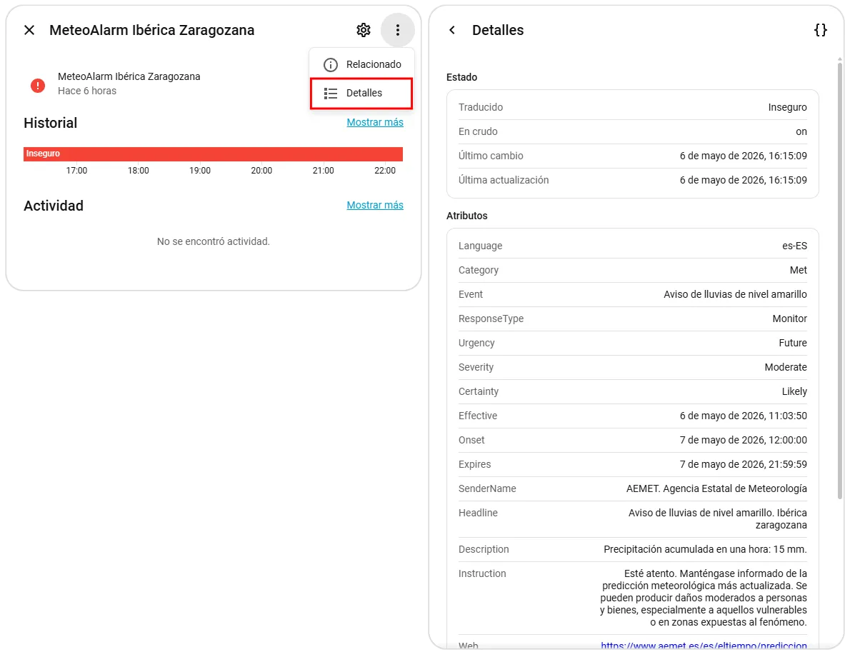 Atributos del sensor MeteoAlarm en Home Assistant