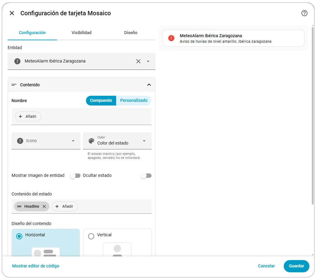 Configuración tarjeta tile básica para MeteoAlarm