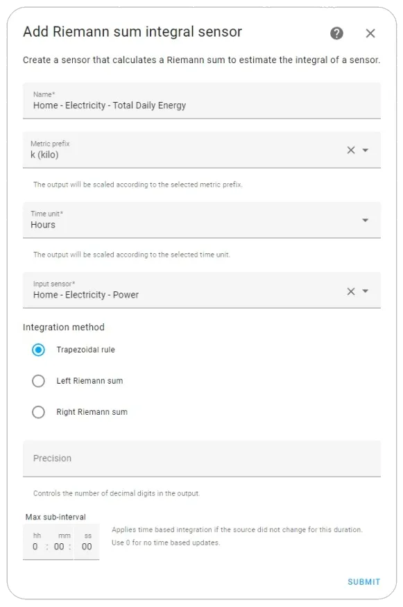 Settings ➡ Helpers ➡ Add Integral Sensor Helper