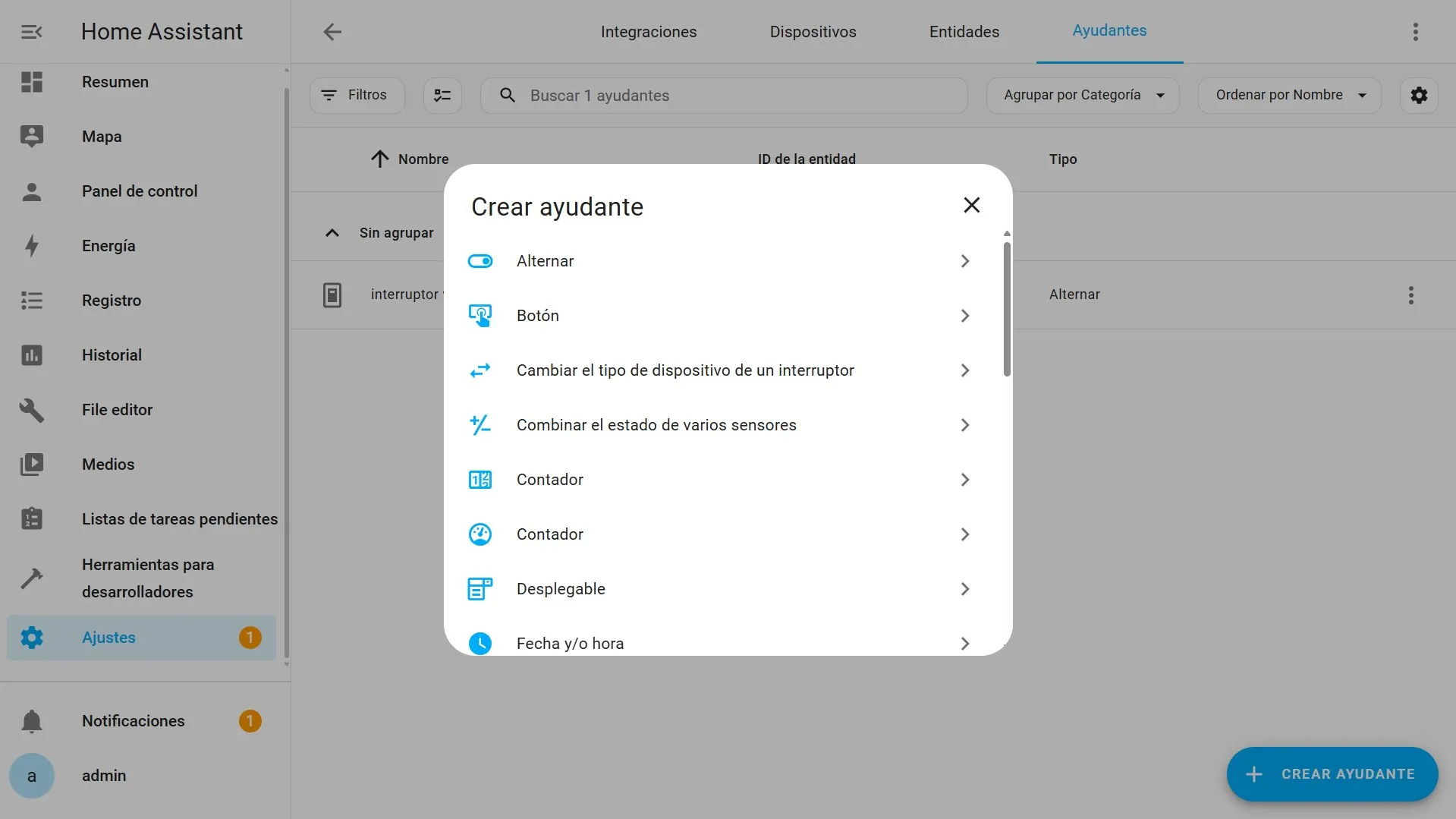 Ajustes - Dispositivos y Servicios - Ayudantes - Crear Ayudante