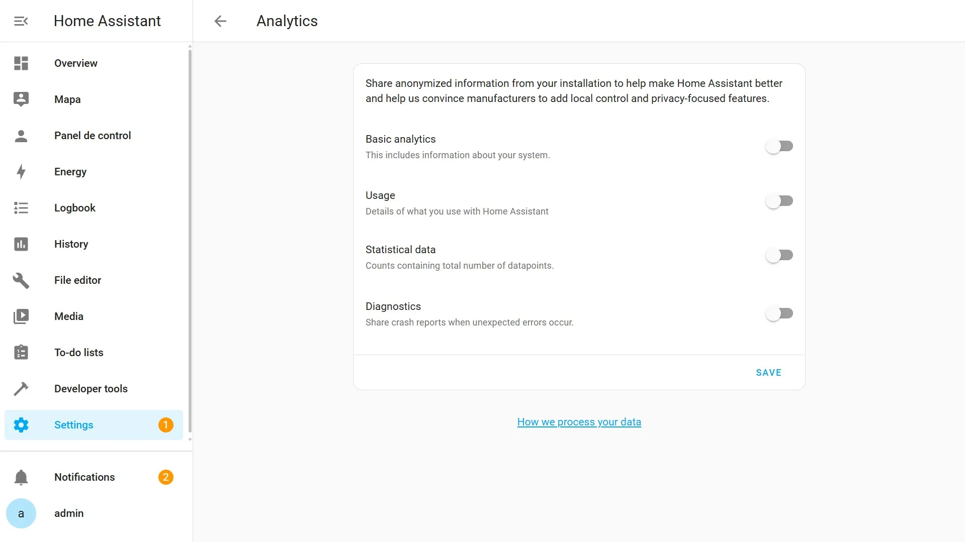Settings - System - Analytics
