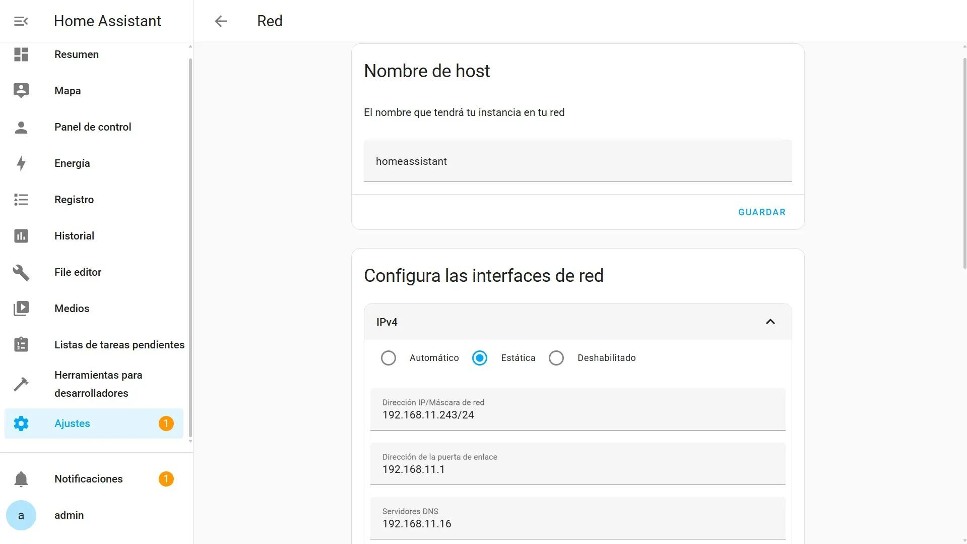 Ajustes - Sistema - Red