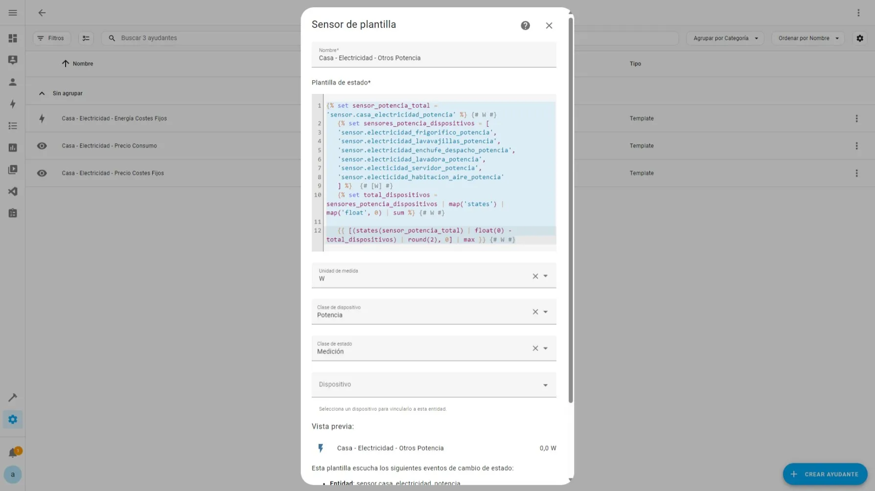 Ayudantes ➡ Template ➡ Sensor Otros Potencia