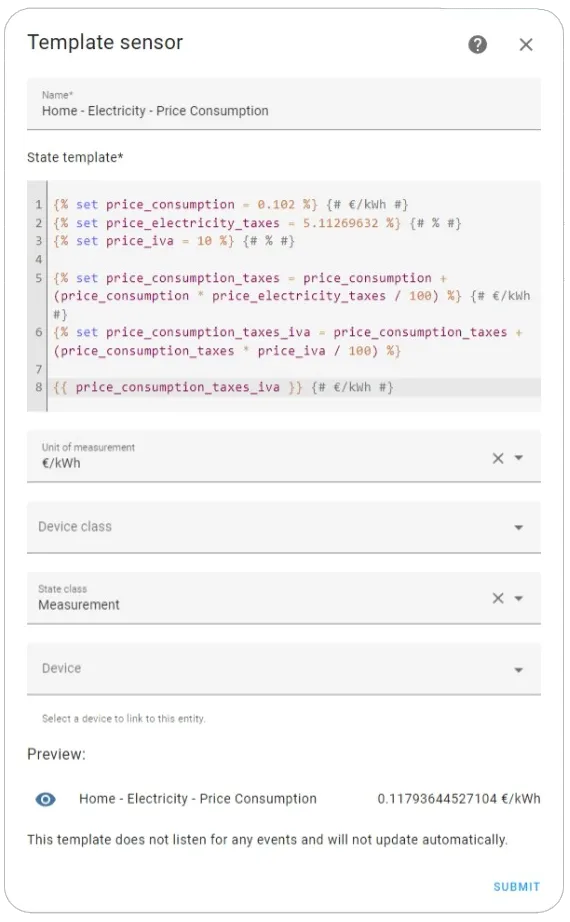 Settings ➡ Helpers ➡ Template ➡ Fixed Rate Consumption Price Sensor