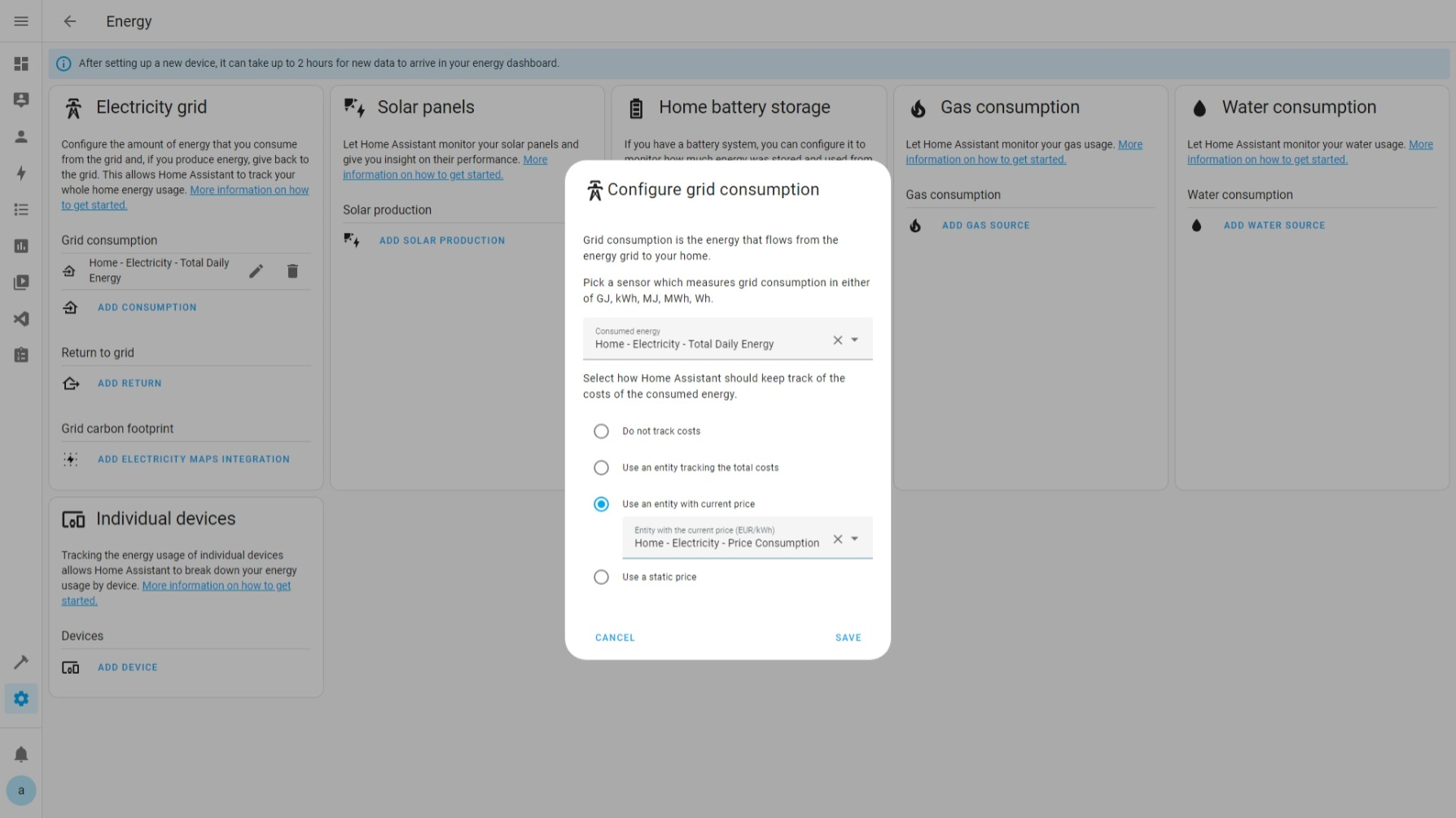 Energy Panel ➡ Configuration ➡ Add Consumption Price