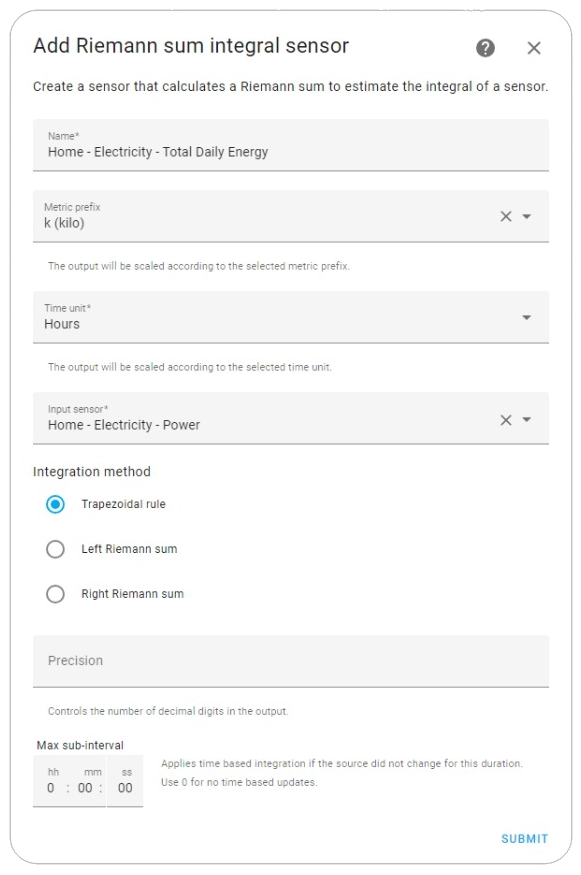 Settings ➡ Helpers ➡ Add Integral Sensor Helper