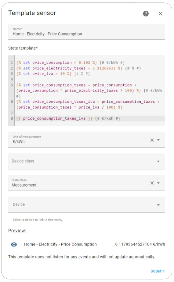 Settings ➡ Helpers ➡ Template ➡ Fixed Rate Consumption Price Sensor