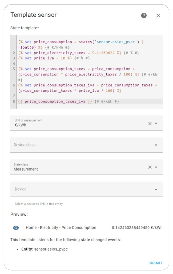 Settings ➡ Helpers ➡ Template ➡ PVPC Rate Consumption Price Sensor