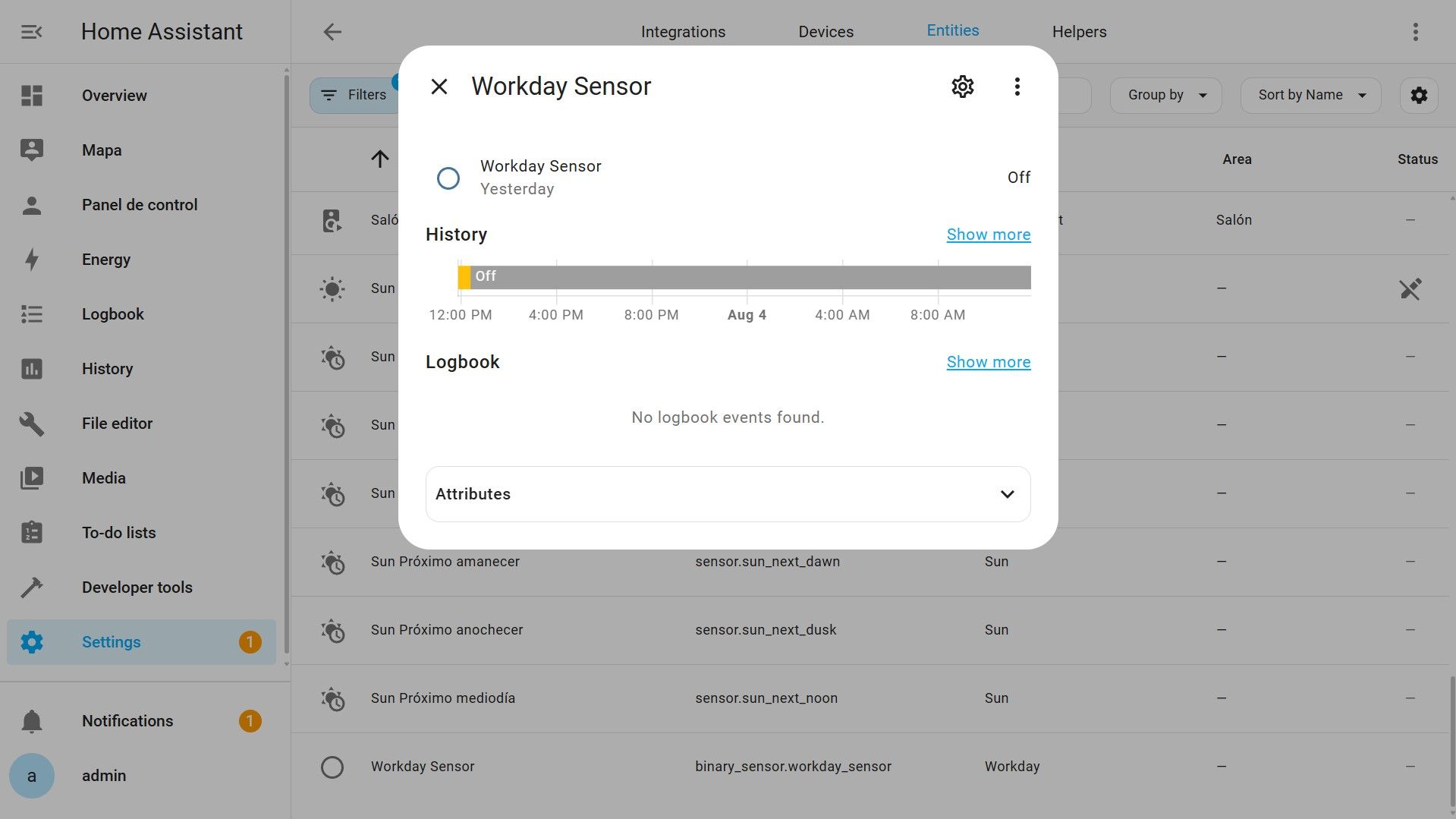 Settings - Devices & Services - Entities - Workday