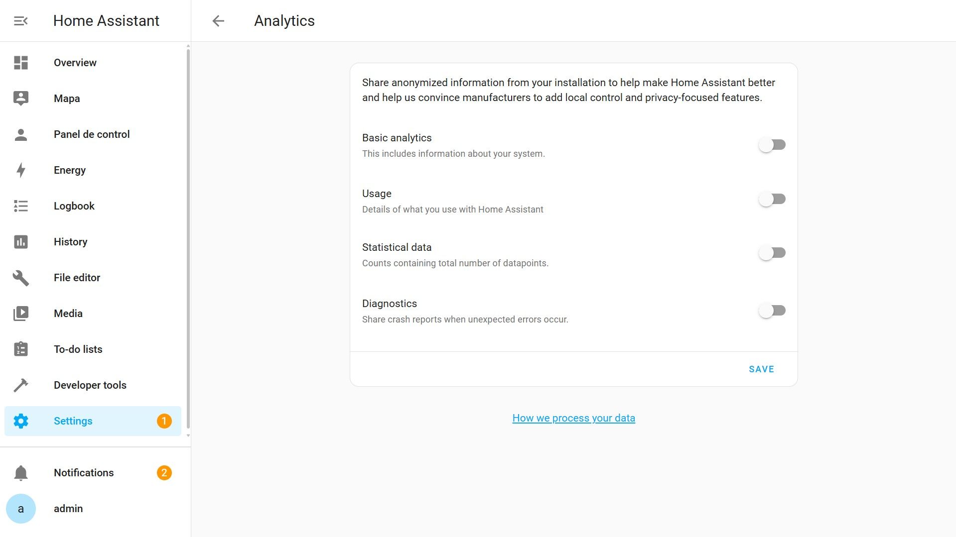 Settings - System - Analytics