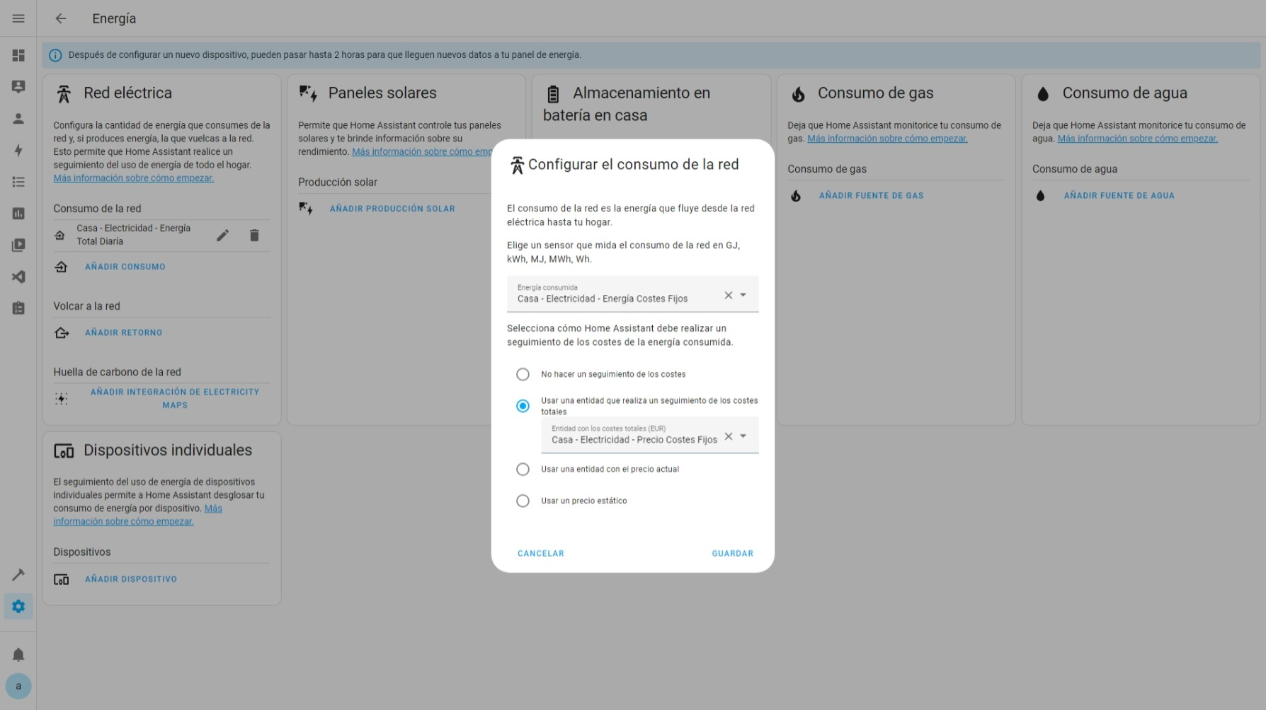 Panel de Energía ➡ Configuración ➡ Añadir Costes Fijos