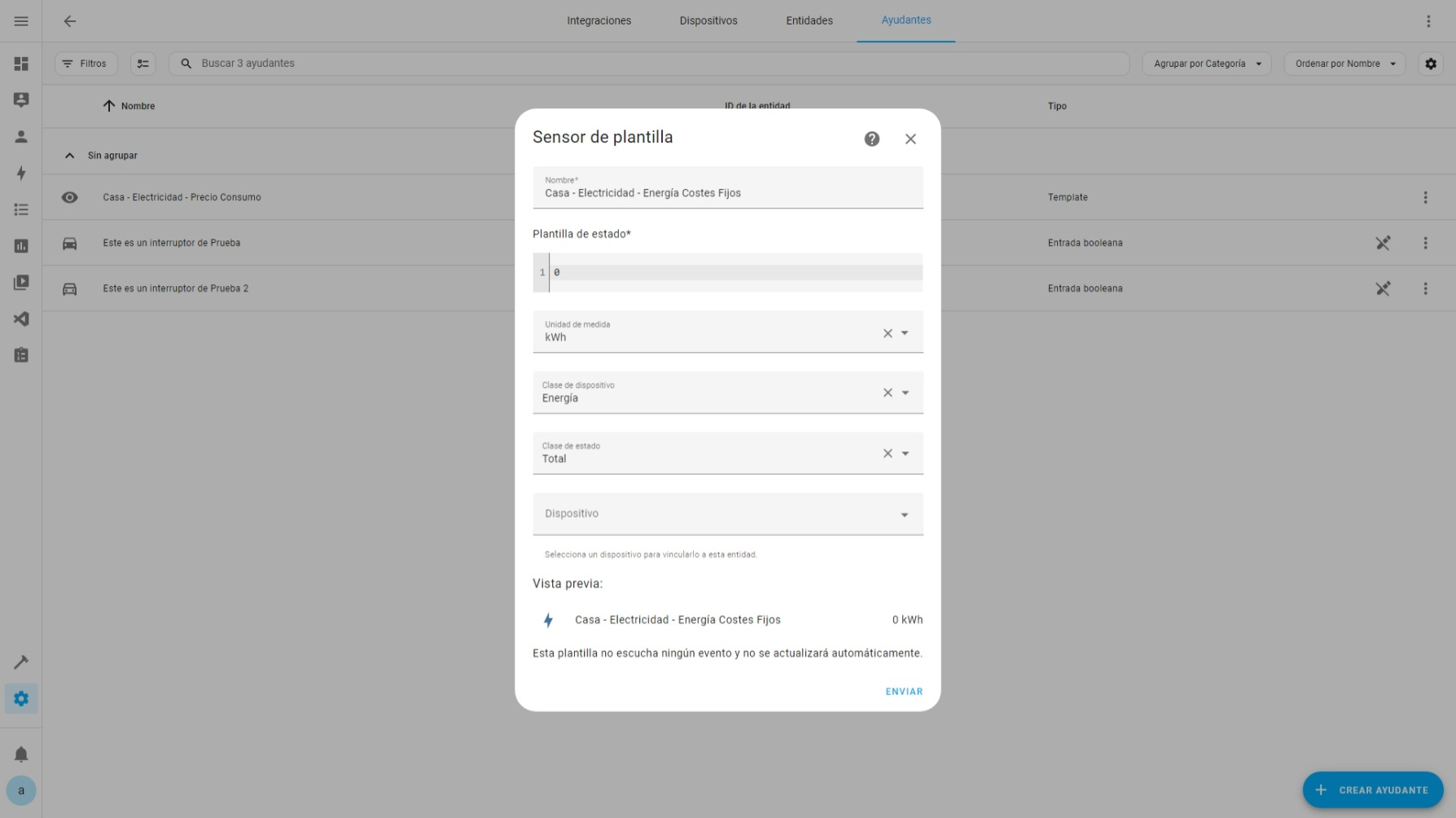 Ayudantes ➡ Template ➡ Sensor Energía Costes Fijos