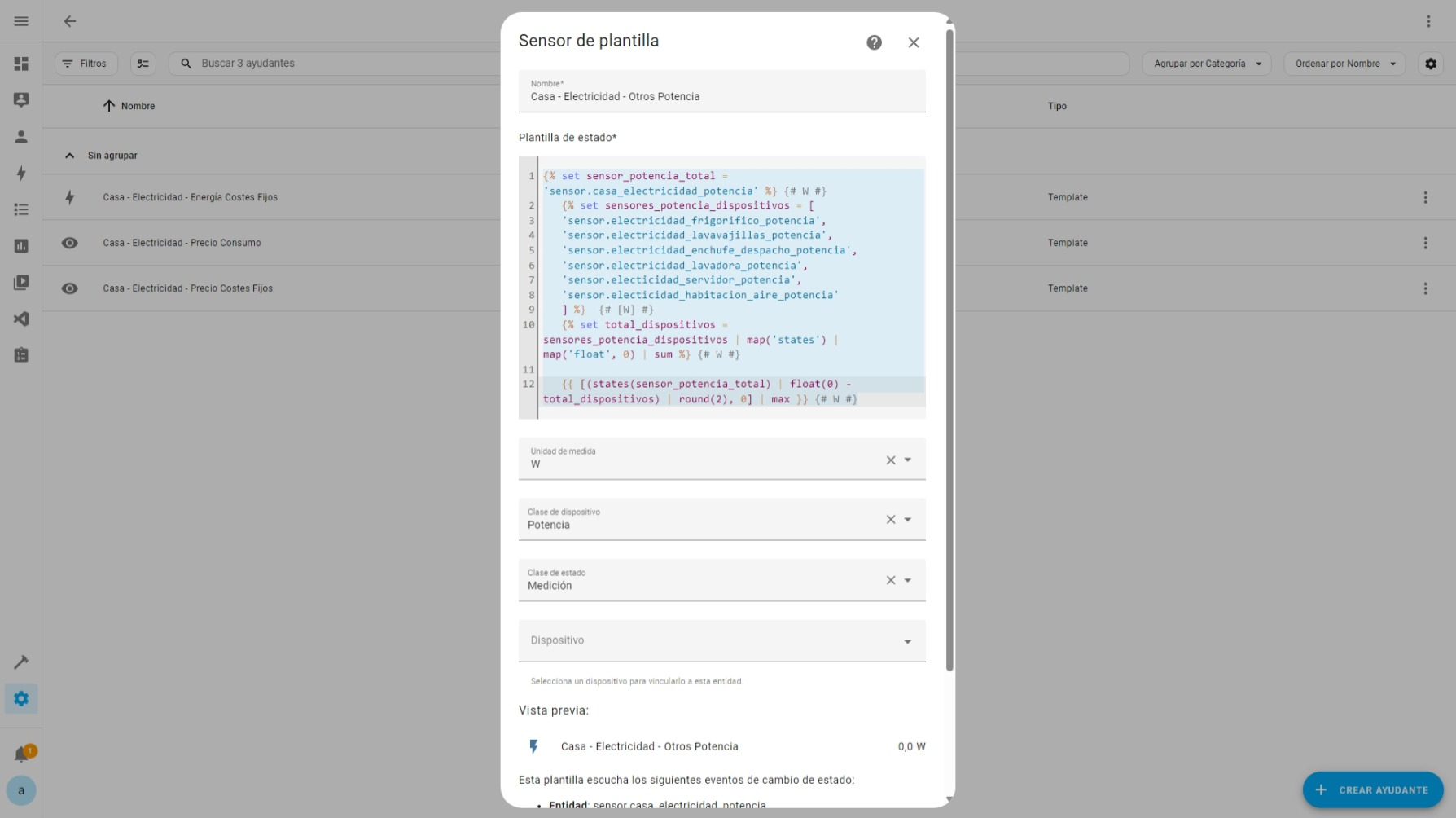 Ayudantes ➡ Template ➡ Sensor Otros Potencia