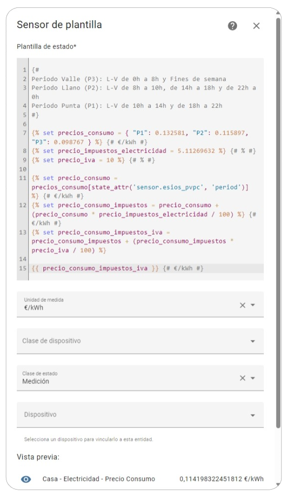 Ajustes ➡ Ayudantes ➡ Template ➡ Sensor Precio Consumo Tarifa Indexada