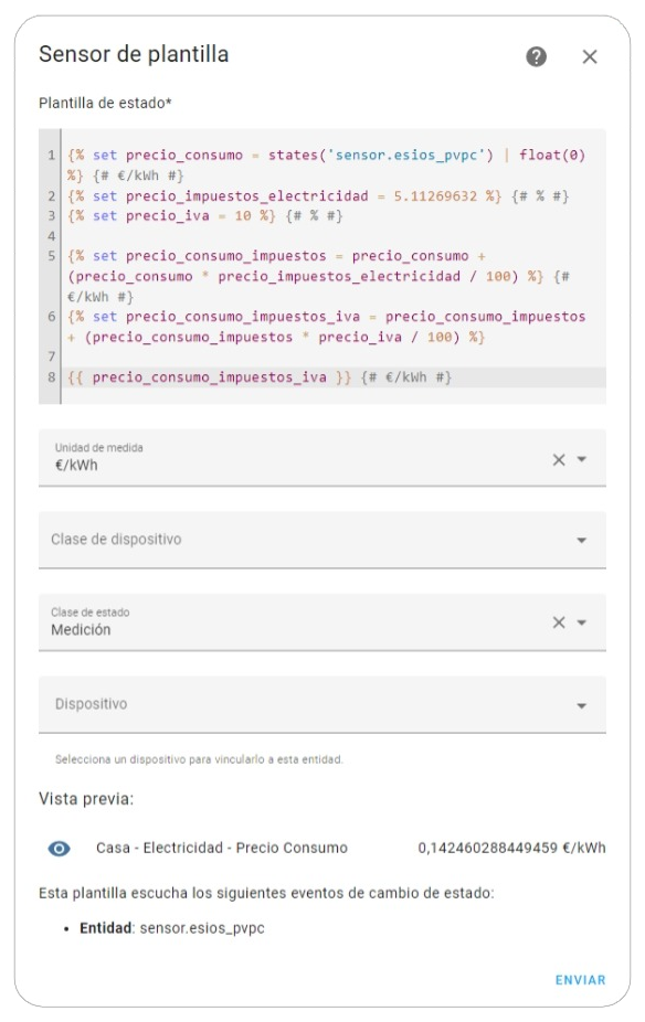 Ajustes ➡ Ayudantes ➡ Template ➡ Sensor Precio Consumo Tarifa PVPC