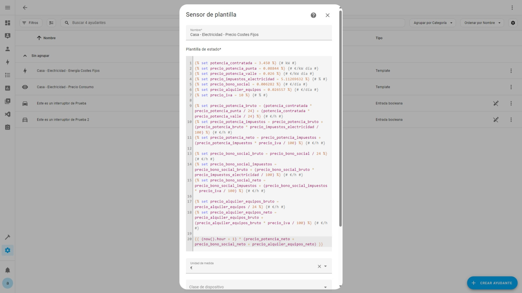 Ayudantes ➡ Template ➡ Sensor Precio Costes Fijos