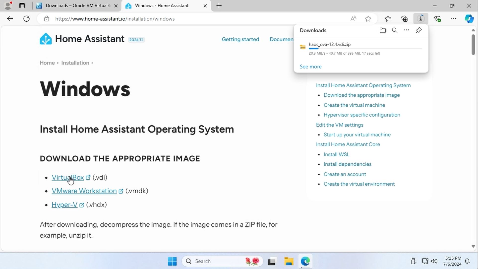 Home Assistant Image Download Page for Windows