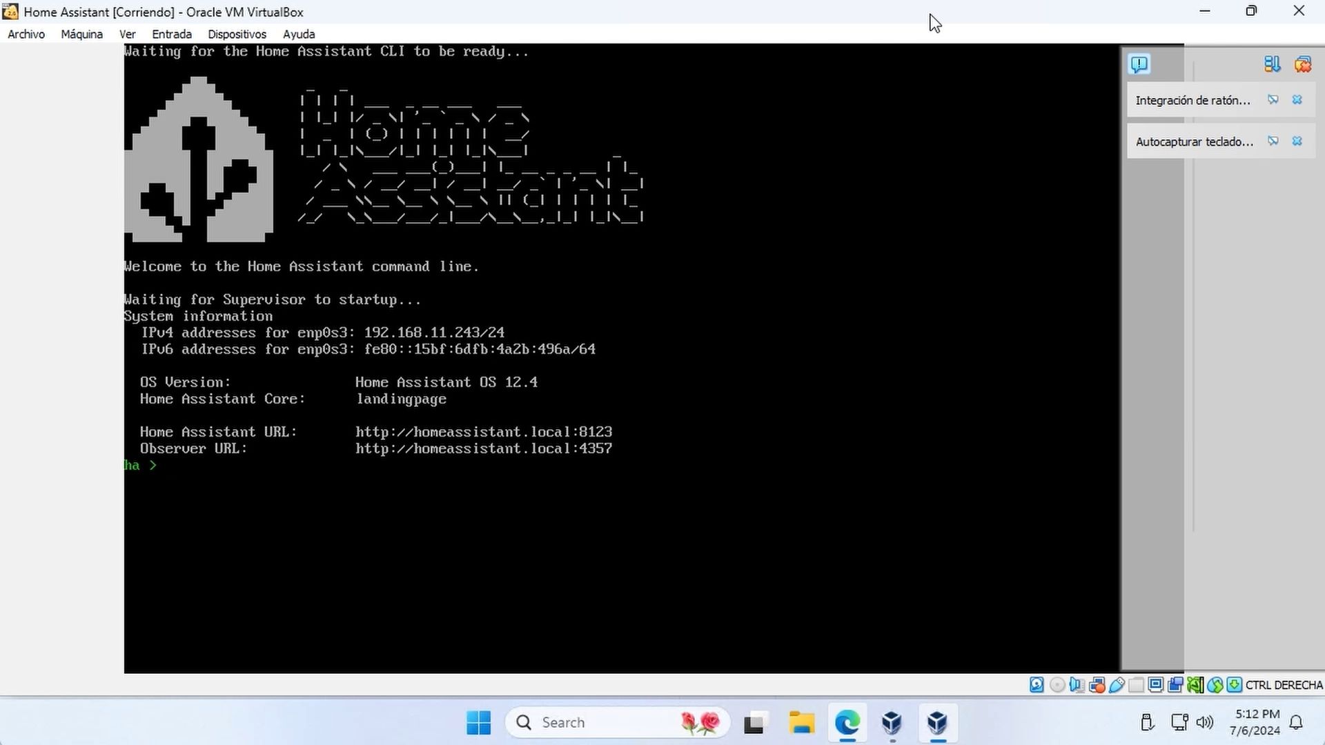 Máquina Virtual Home Assistant - Shell Inicial con IP