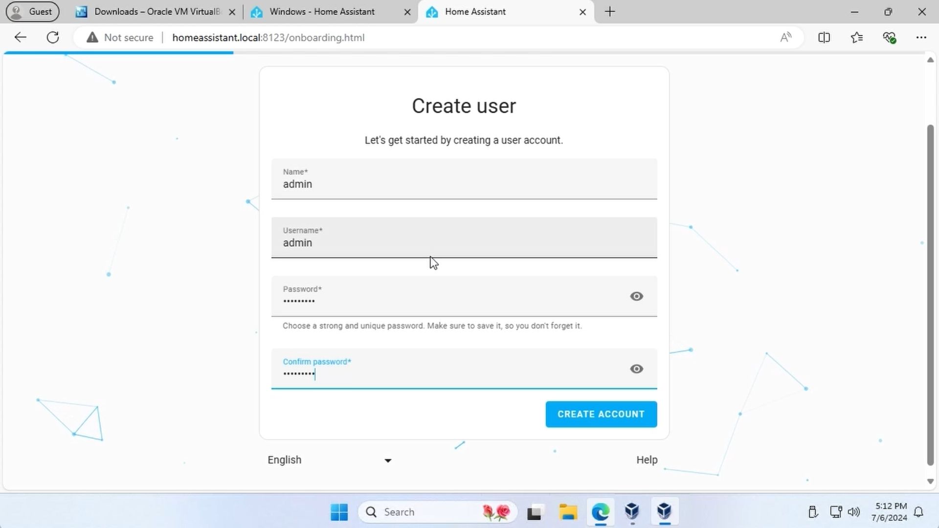 Home Assistant Web - Configuración Inicial - Usuario Administrador