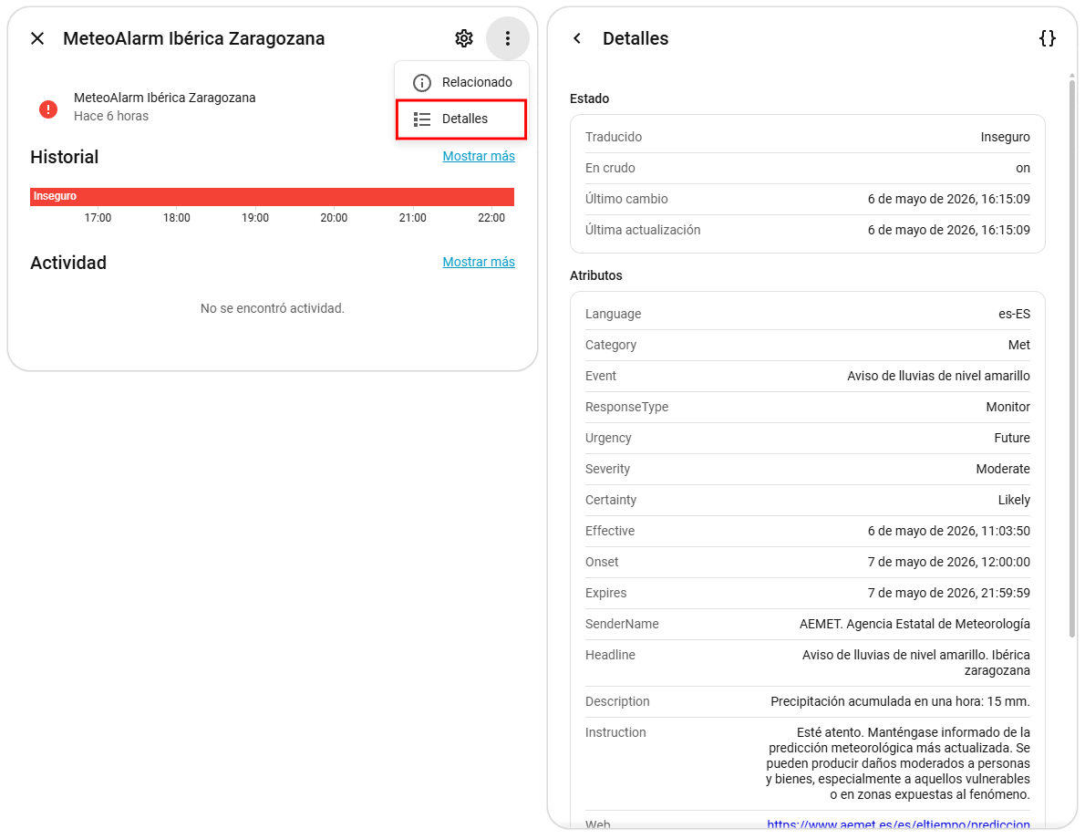 Atributos del sensor MeteoAlarm en Home Assistant