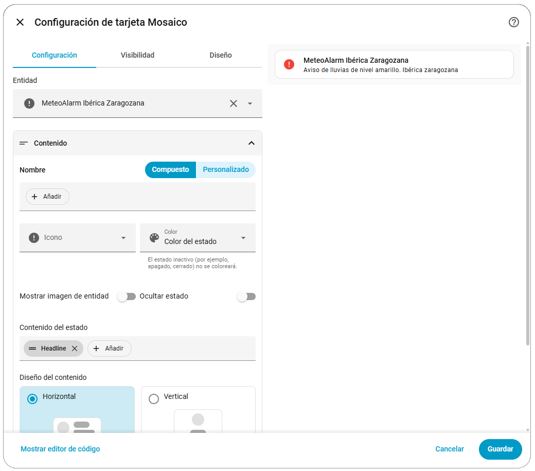 Configuración tarjeta tile básica para MeteoAlarm