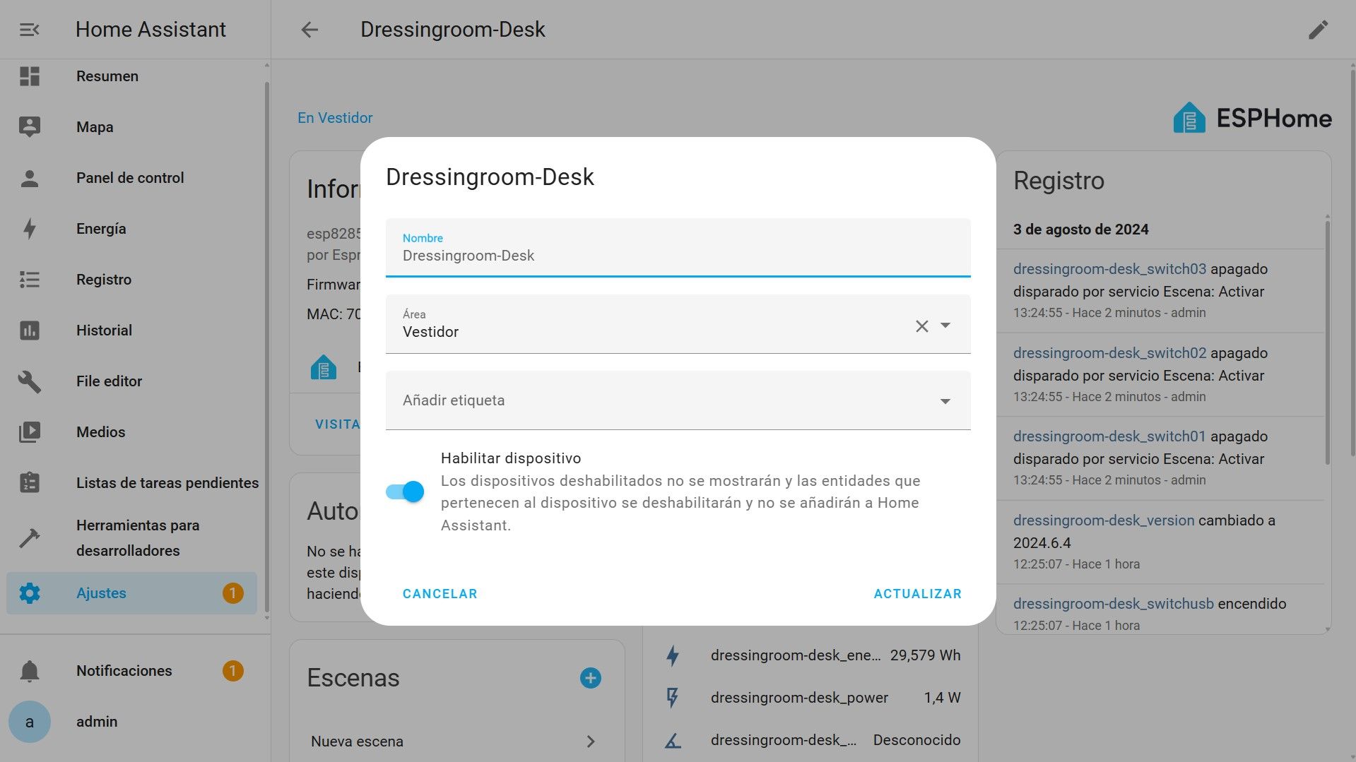 Ajustes - Dispositivos - Asignar Área