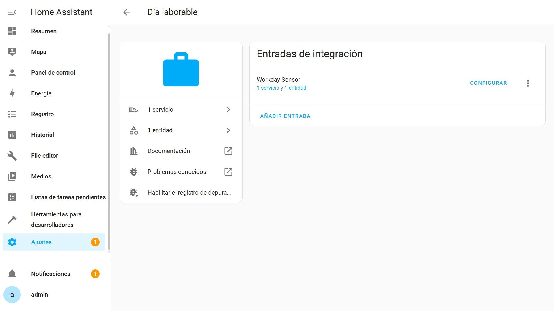 Ajustes - Dispositivos y Servicios - Integraciones - Día Laborable