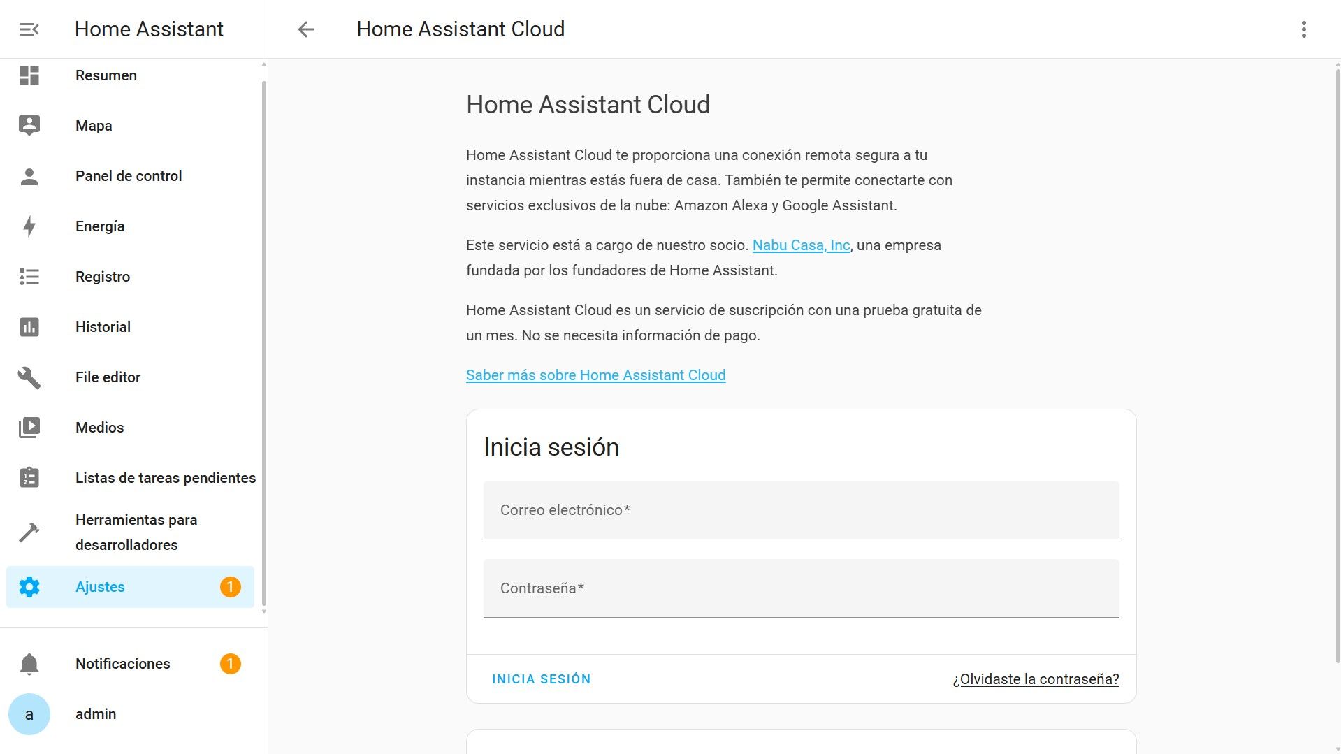 Ajustes - Home Assistant Cloud