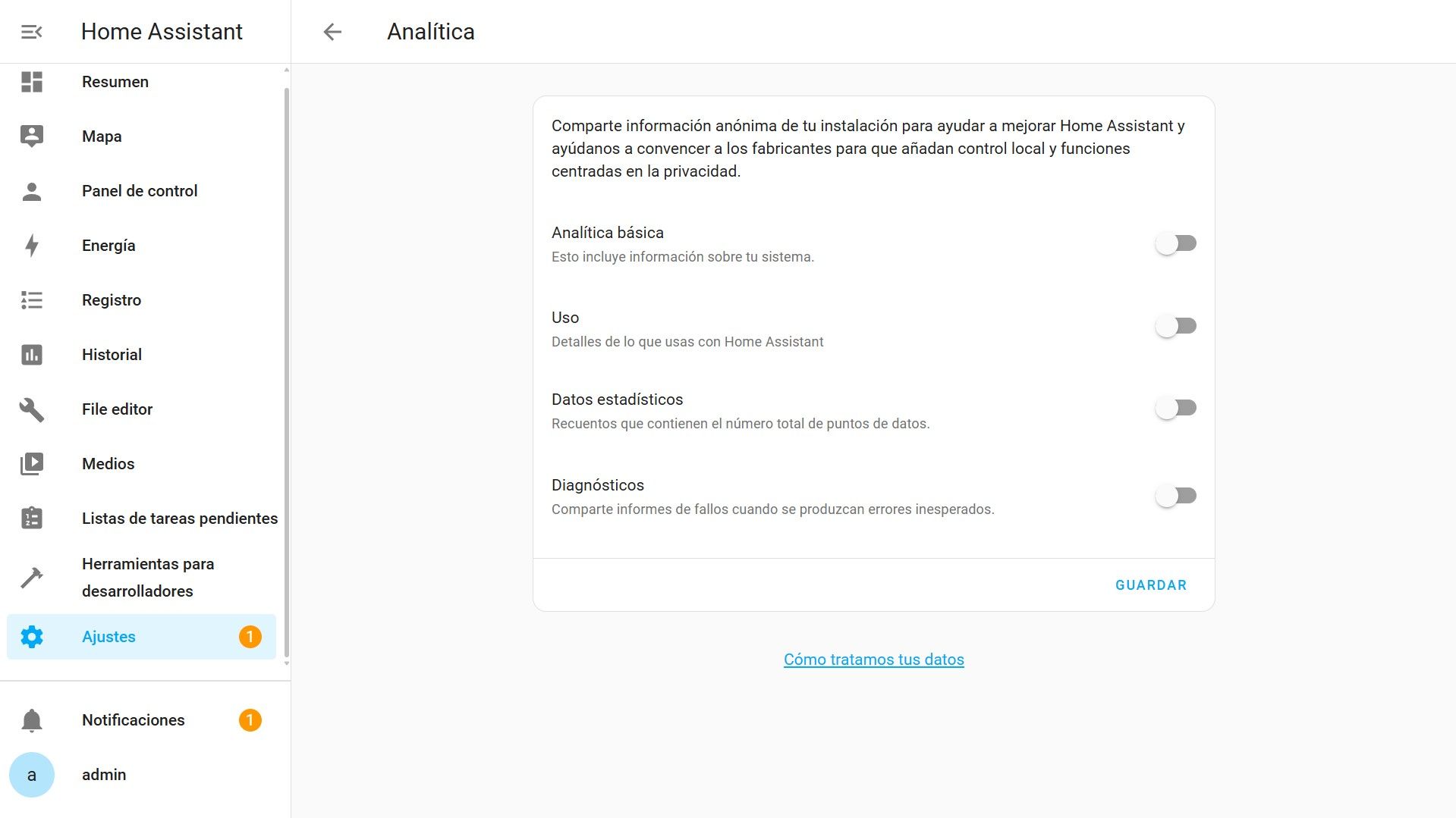 Ajustes - Sistema - Analítica