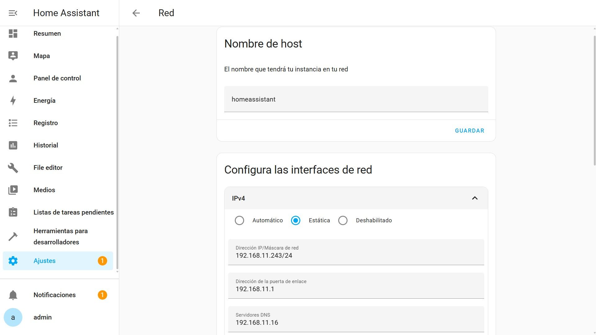 Ajustes - Sistema - Red